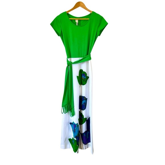 Vintage 60s Alfred Shaheen Hawaiian Dress Maxi Gown Green Floral Womens Small